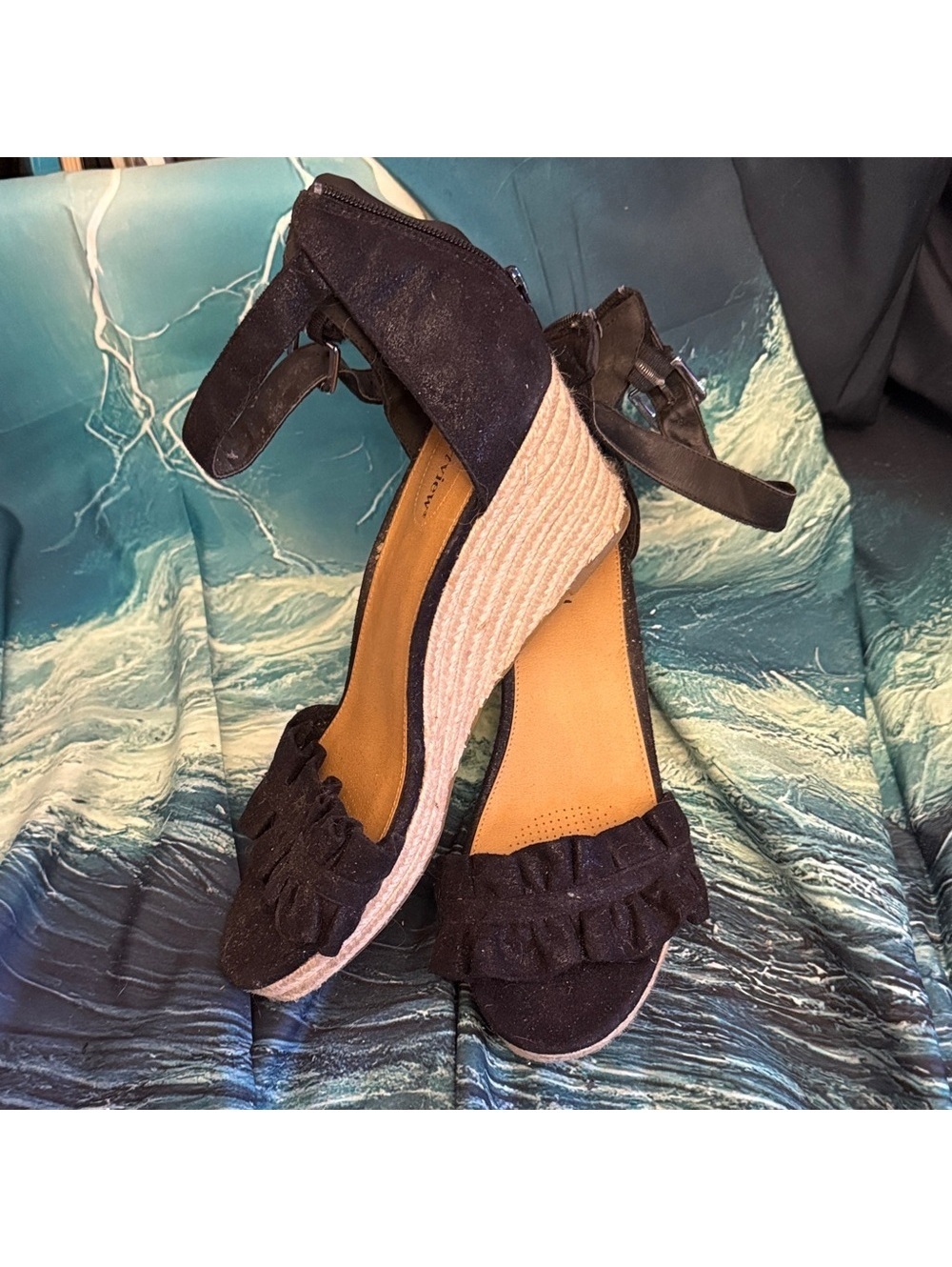 comfortview Black Ruffled Espadrille Wedge Sandals 12